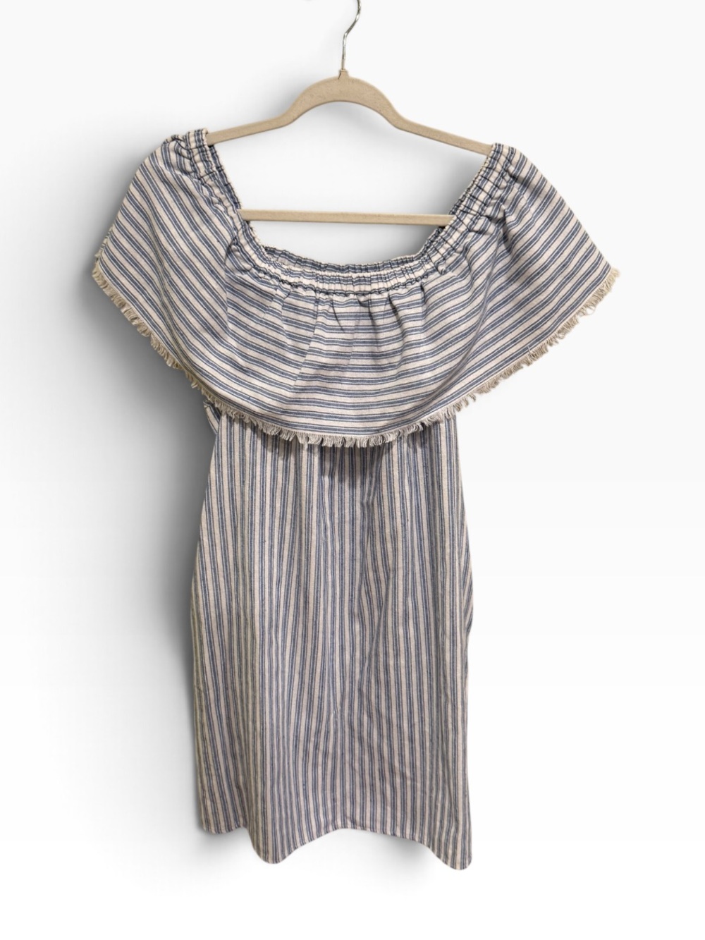 Paper Crane Blue Striped Off Shoulder Dress Ruffle Fringe Trim Size M